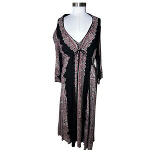 Free People Black Paisley Print V-Neck Midi Dress Long Sleeve Boho Large